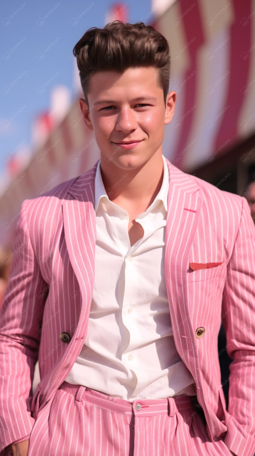 Portrait of a handsome young man in a pink suit on the street vintage style