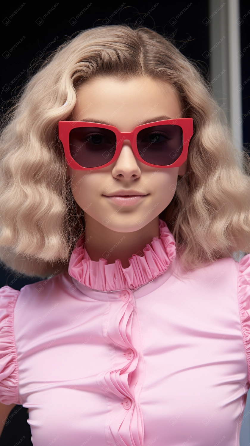 Portrait of a beautiful blonde girl with red sunglasses. Beauty, fashion.