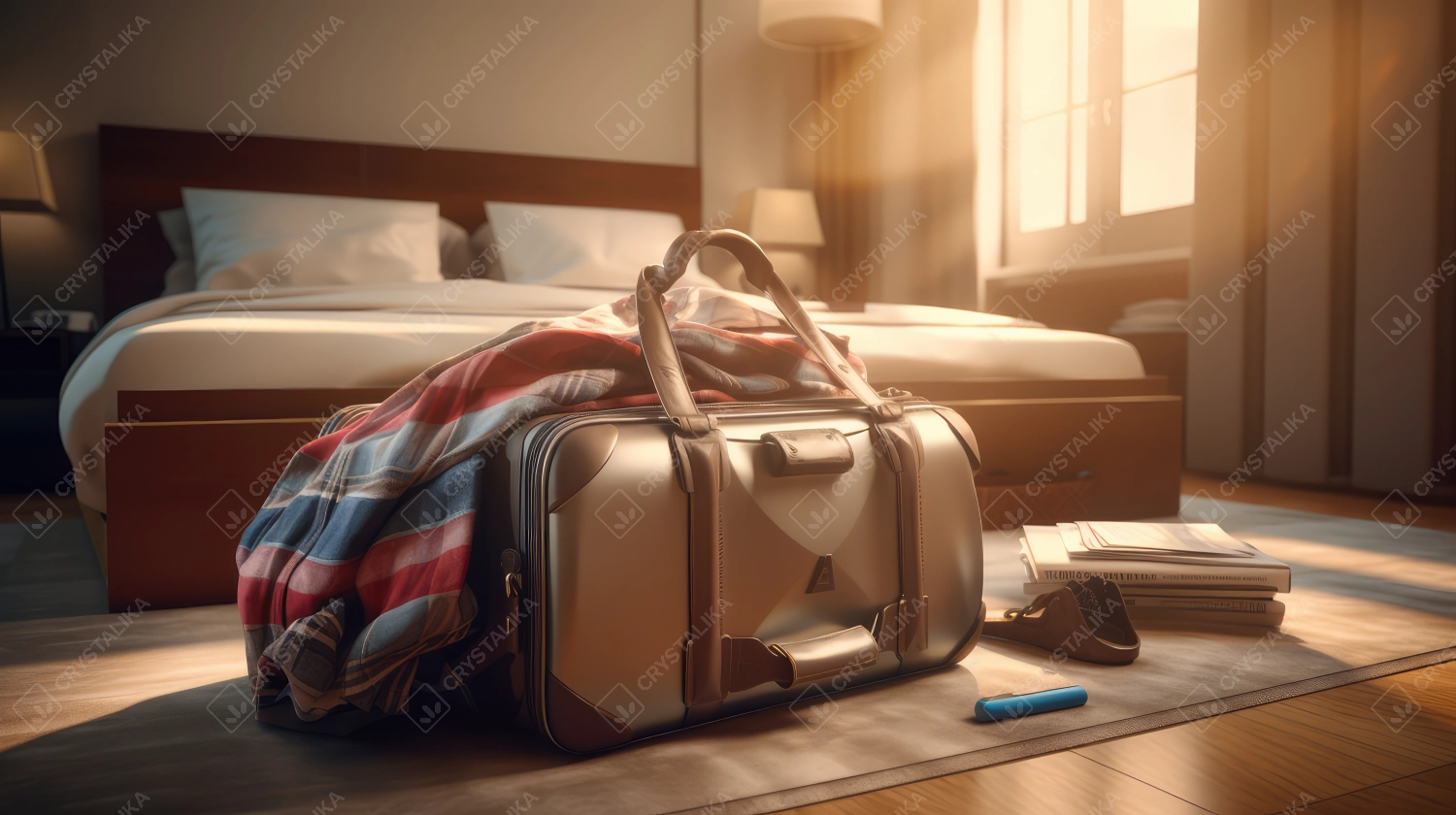 A travel bag positioned on a luxurious hotel bed