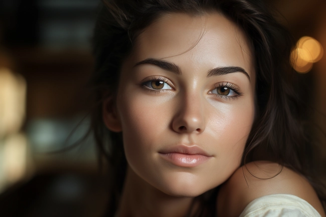 Closeup portrait of young woman looking at camera