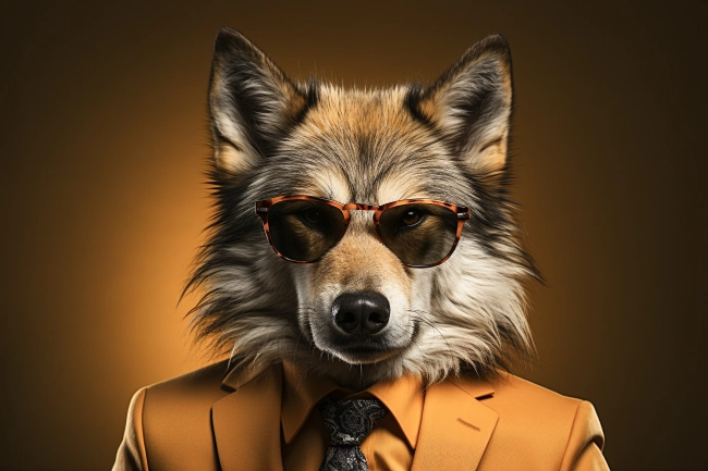 Portrait of wolf with sunglasses wearing suit and tie on solid background.