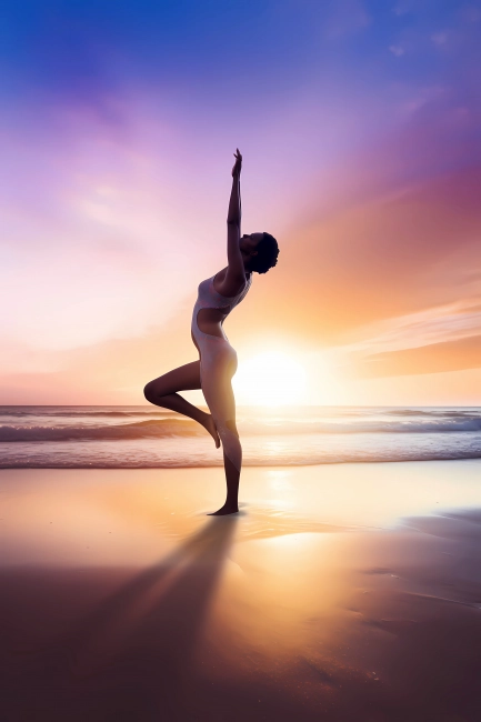 Young girl practising yoga on a beach during sunrise