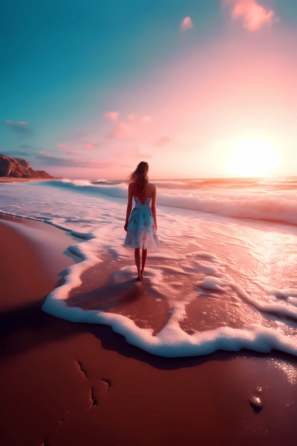 Attractive young girl walking on a beach during sunset