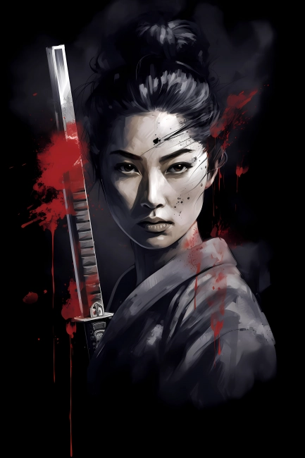 Portrait of a geisha holding a katana in watercolor painting