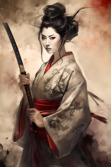 Portrait of a geisha holding a katana in watercolor painting