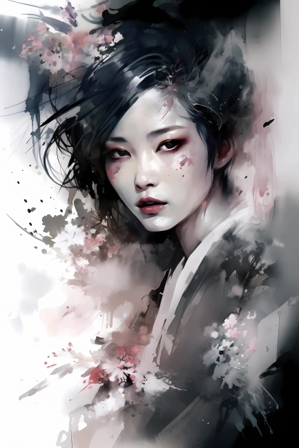 Portrait of a Japanese girl in watercolor painting