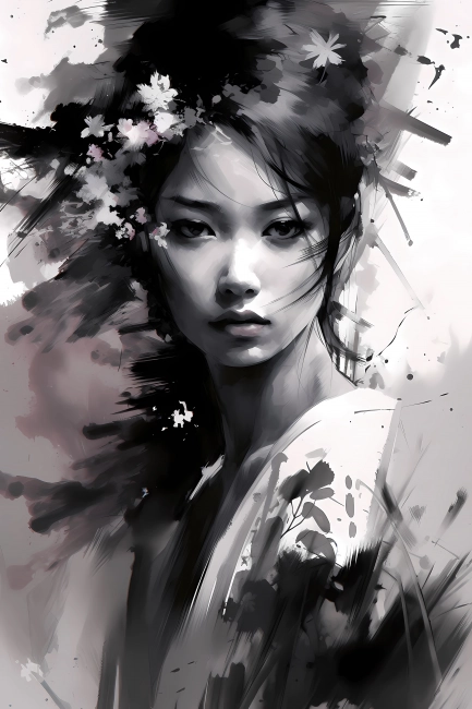 Portrait of a Japanese girl in watercolor painting