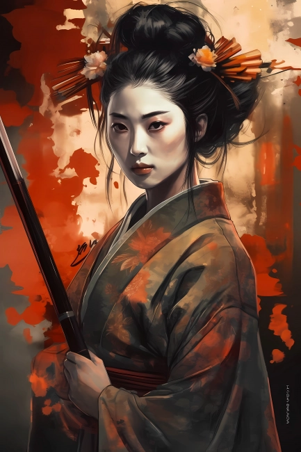 Portrait of a geisha holding a katana in watercolor painting