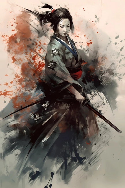 Portrait of a geisha holding a katana in watercolor painting