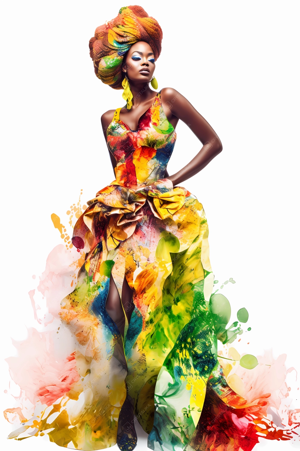 Gorgeous African dancer in colorful dress - watercolor art