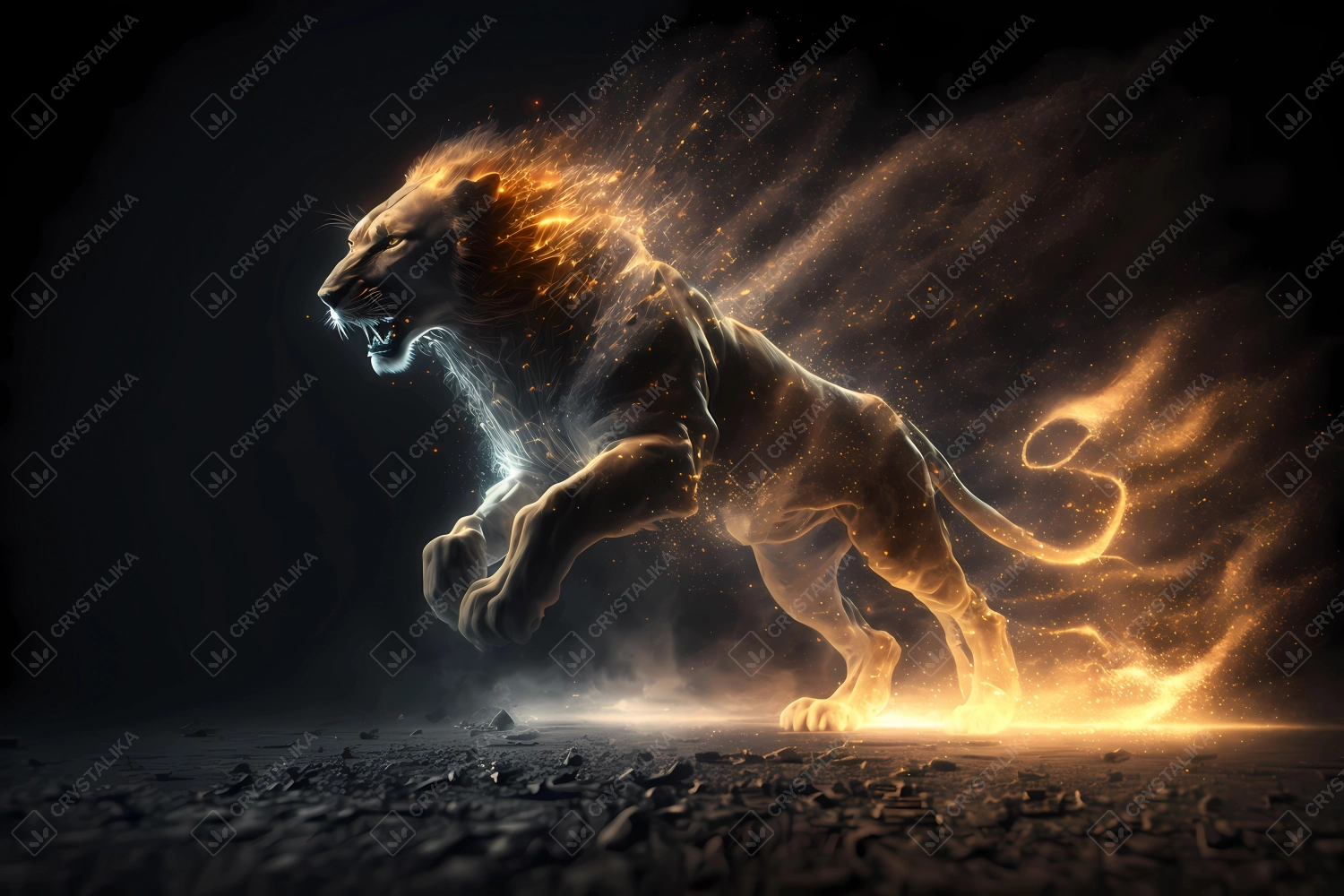 Lion made of particles emitting light