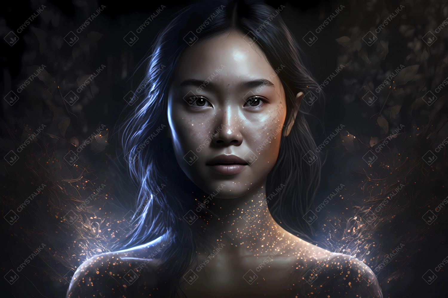 Portrait of a beautiful young woman with aura made of particles of light