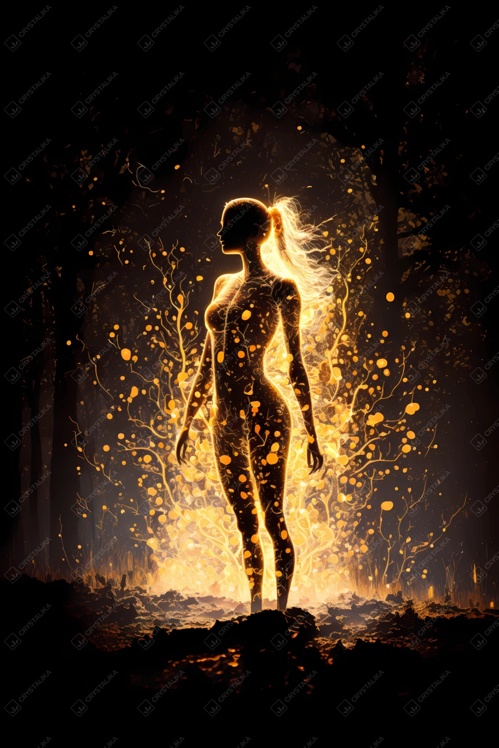 A silhouette of a running girl emitting particles of light