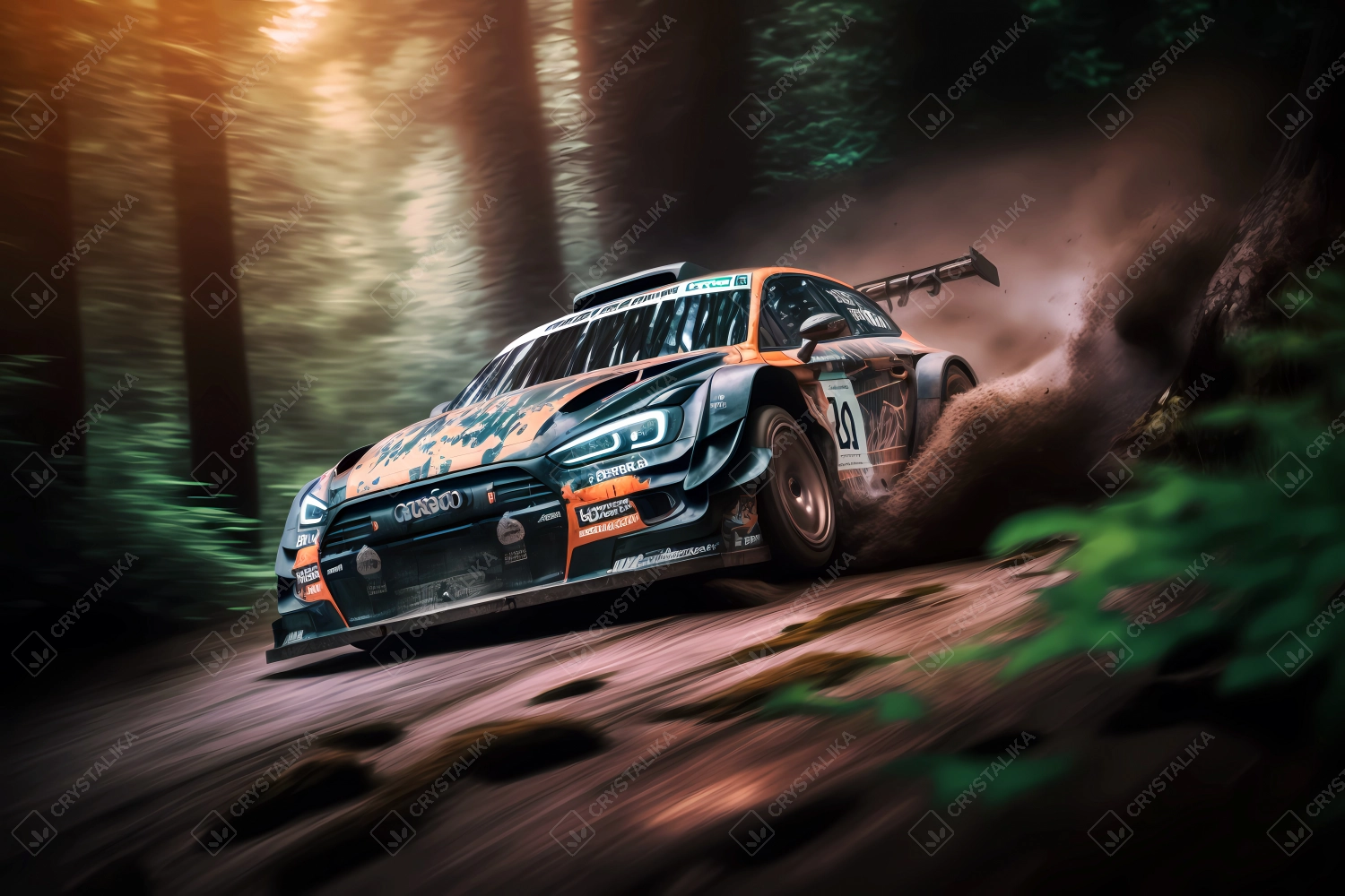 Racing car driving fast in a forest rally