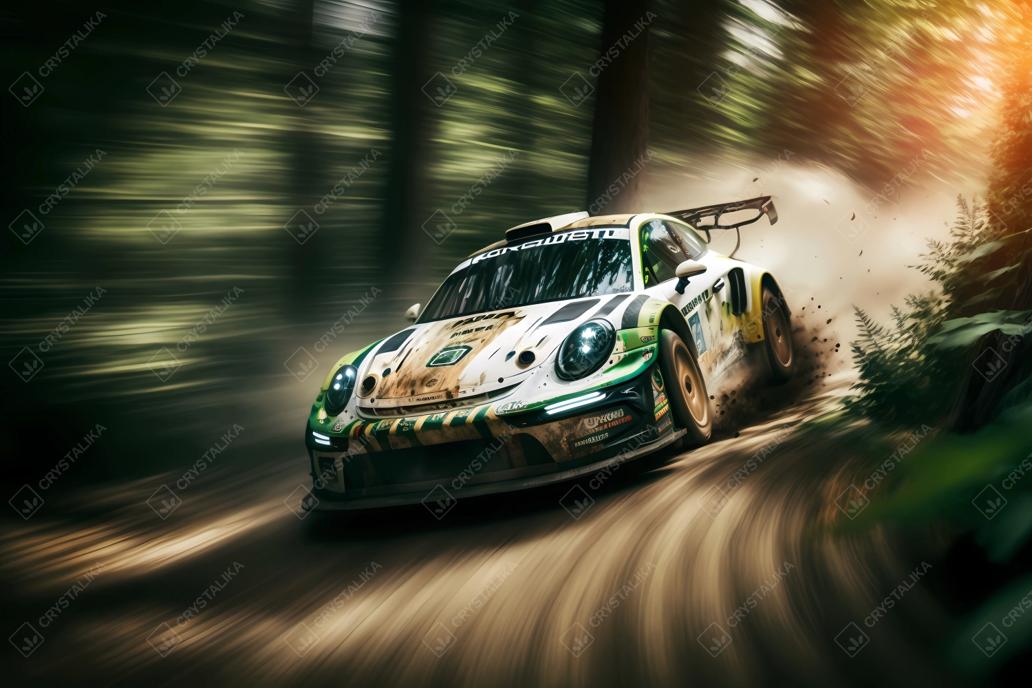 Racing car driving fast in a forest rally