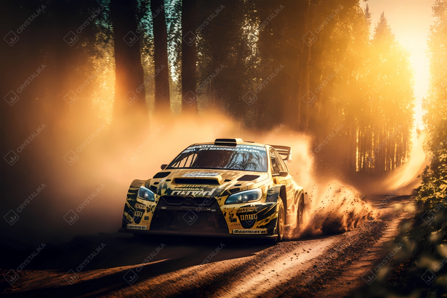 Racing car driving fast in a forest rally