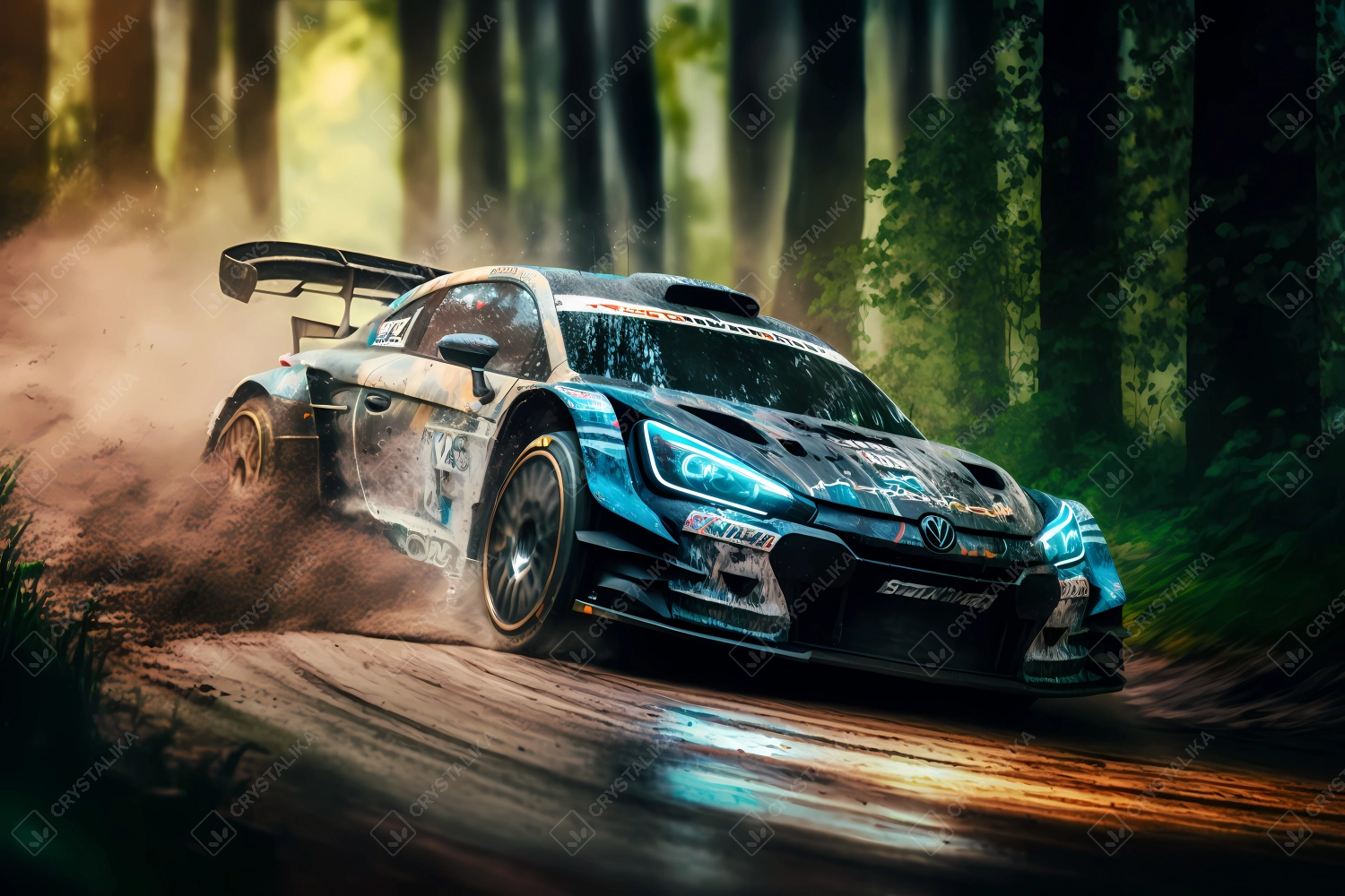 Racing car driving fast in a forest rally