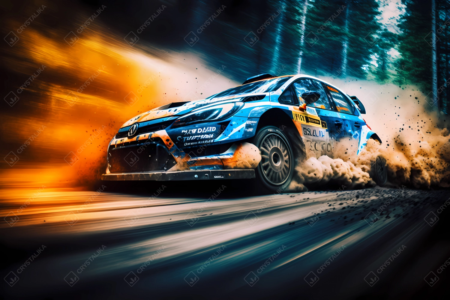 Racing car driving fast in a forest rally