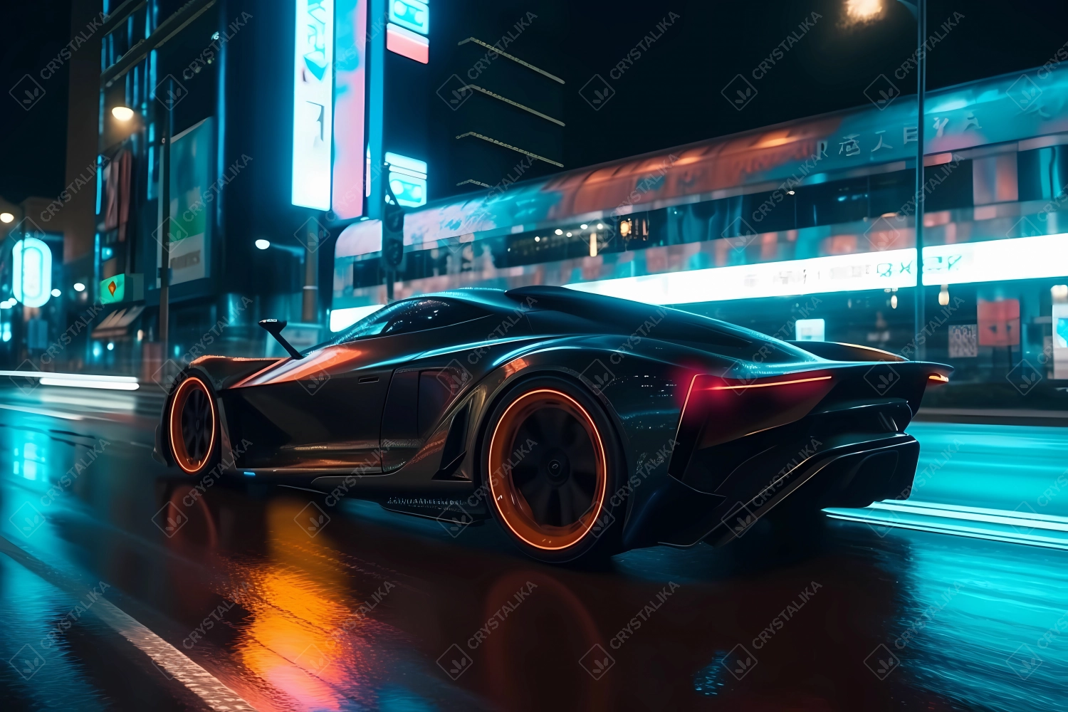 Futuristic supersport driving fast in neon city