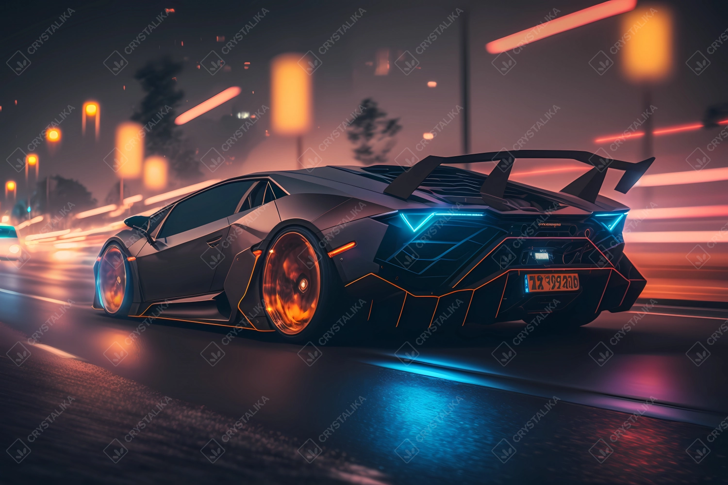 Futuristic supersport driving fast in neon city