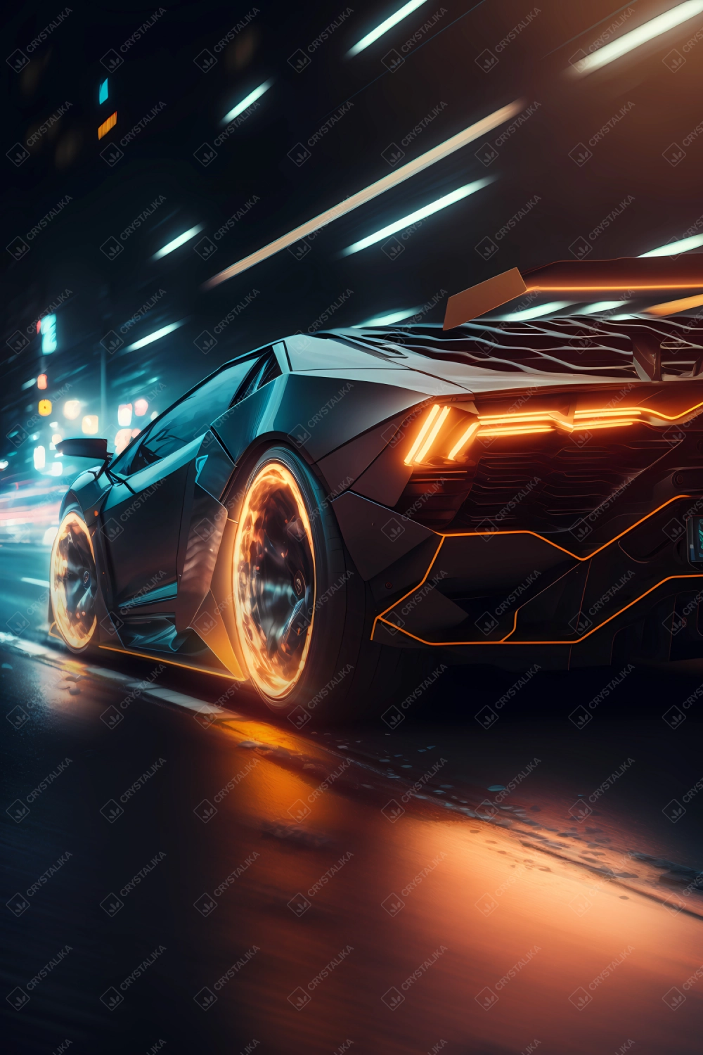 Futuristic supersport driving fast in neon city