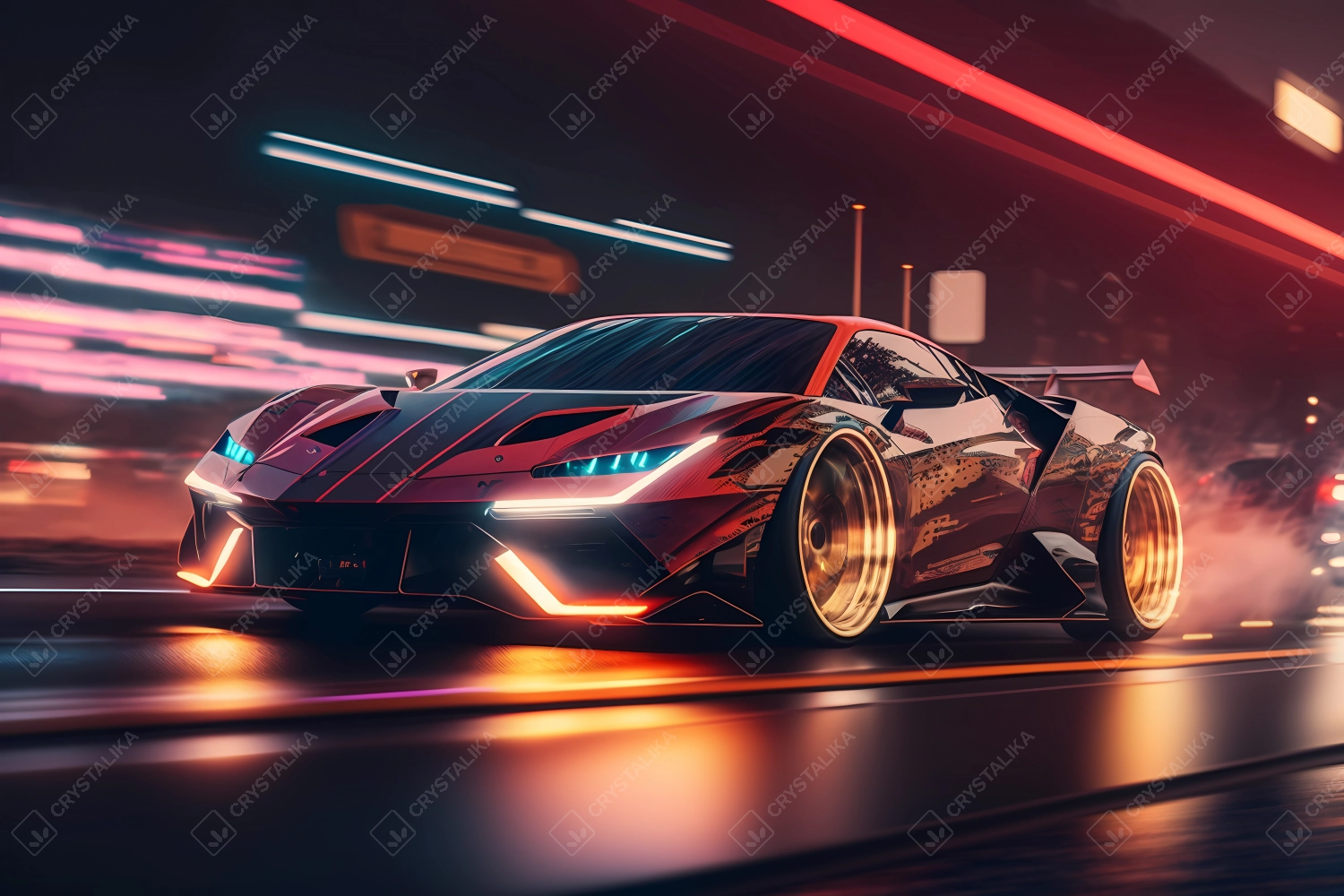 Futuristic supersport driving fast in neon city