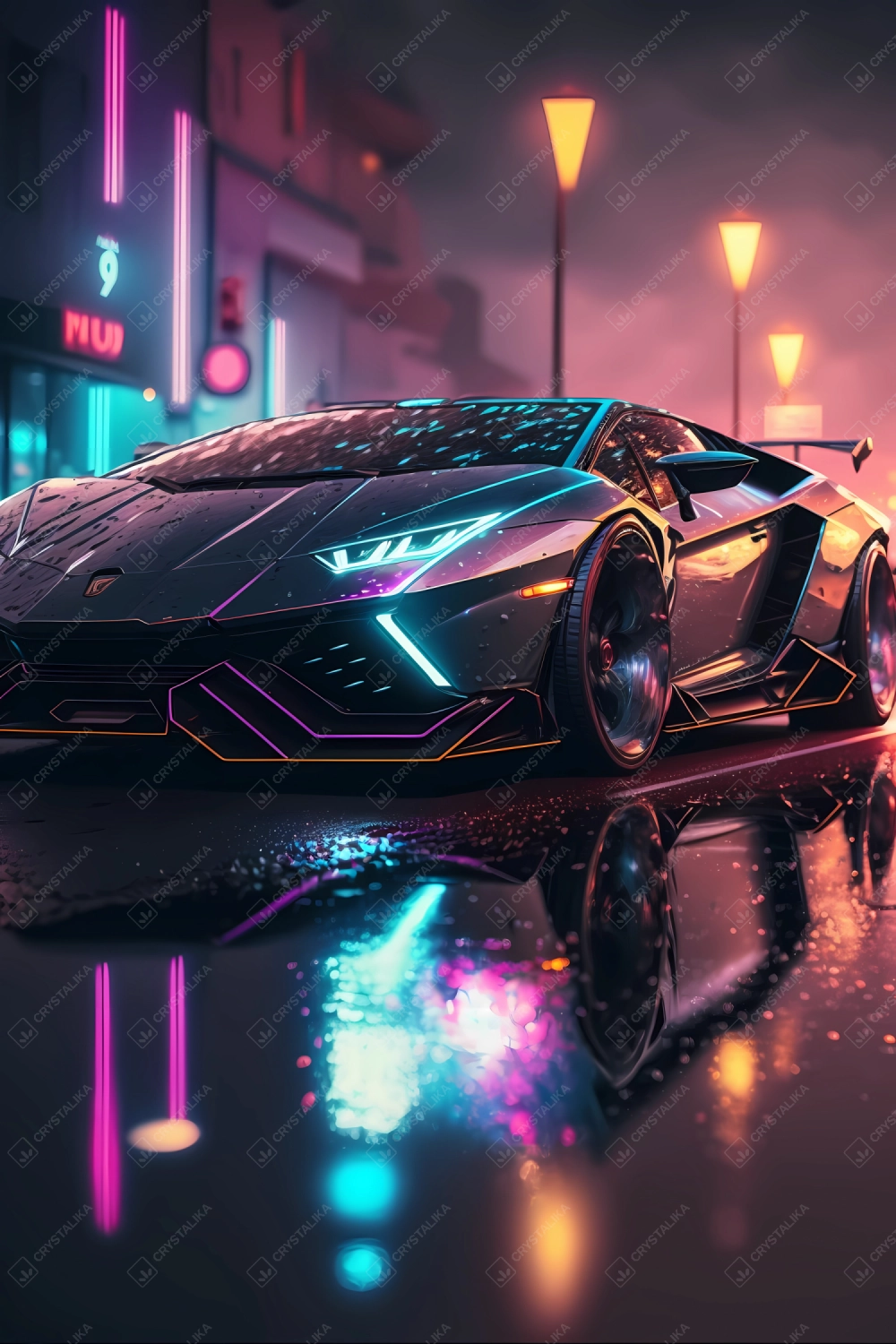 Futuristic supersport driving fast in neon city