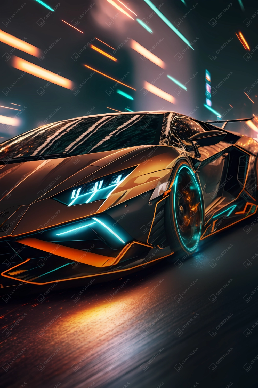 Futuristic supersport driving fast in neon city