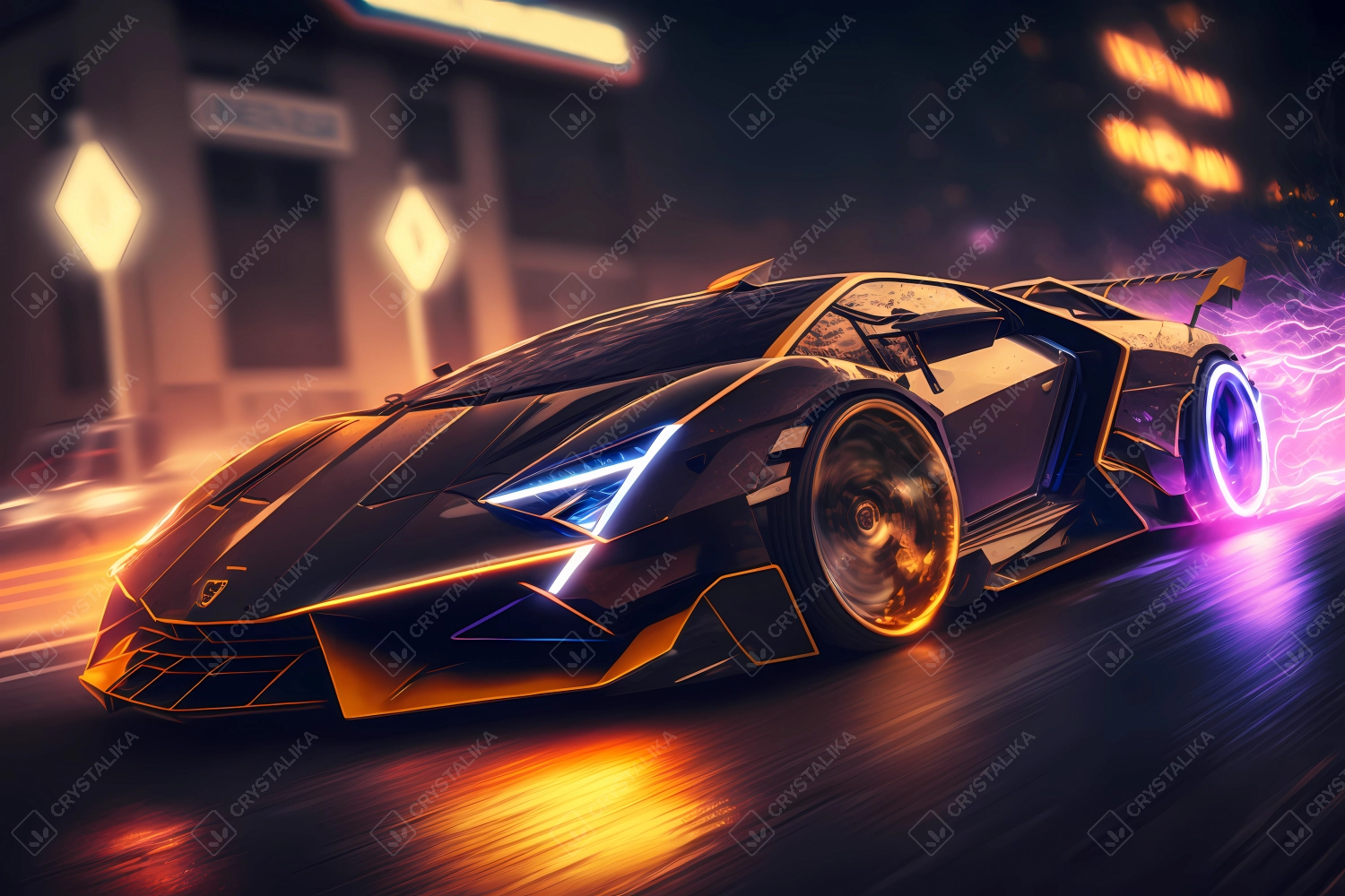 Futuristic supersport driving fast in neon city