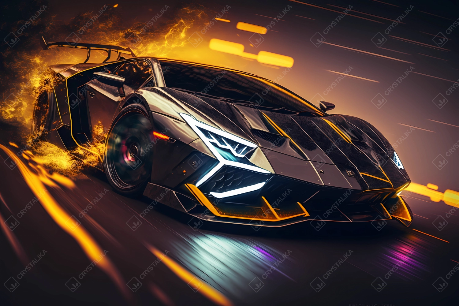 Futuristic supersport driving fast in neon city