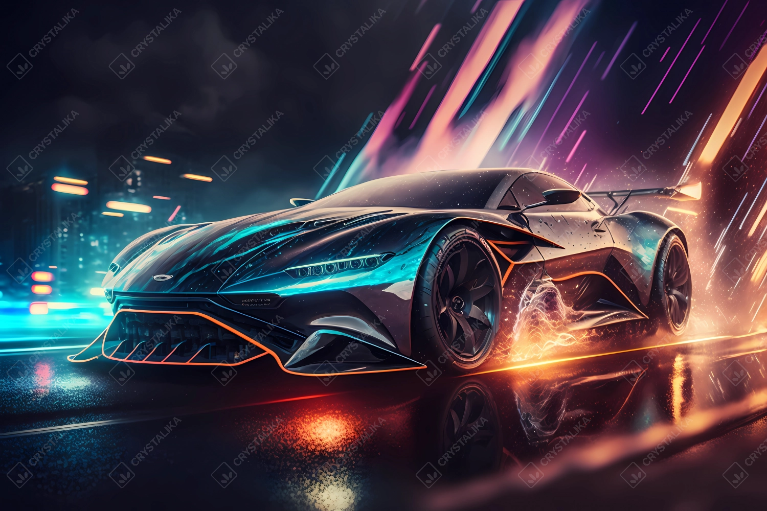 Futuristic supersport driving fast in neon city