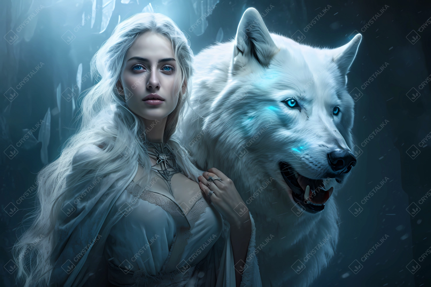 Beautiful ice queen with white wolf by her side