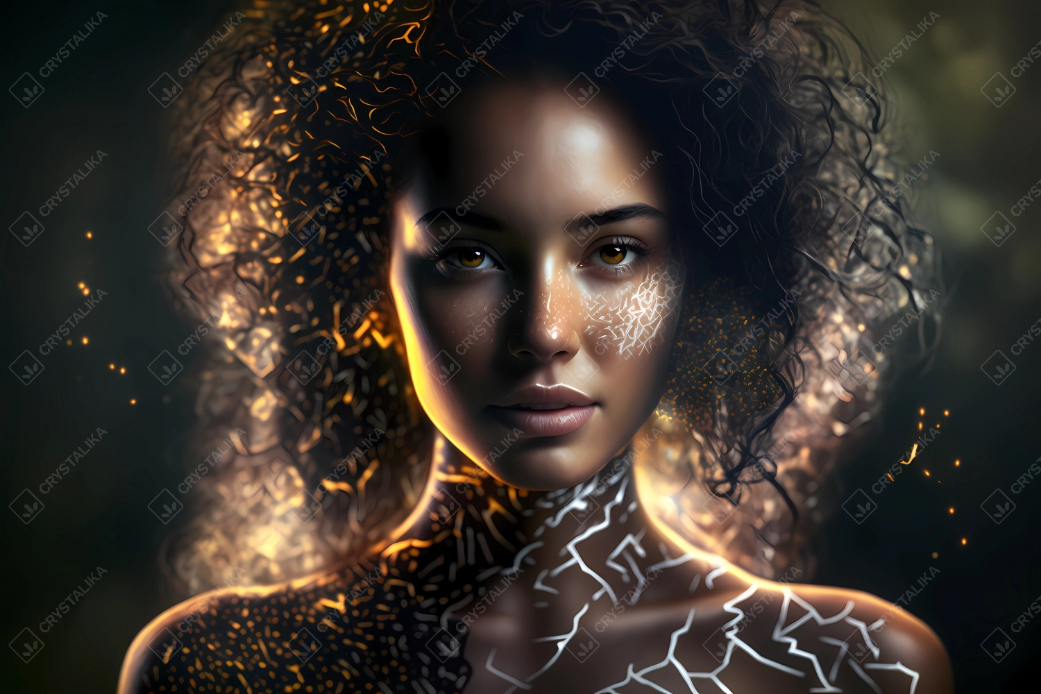 Portrait of a beautiful young woman with aura made of particles of light