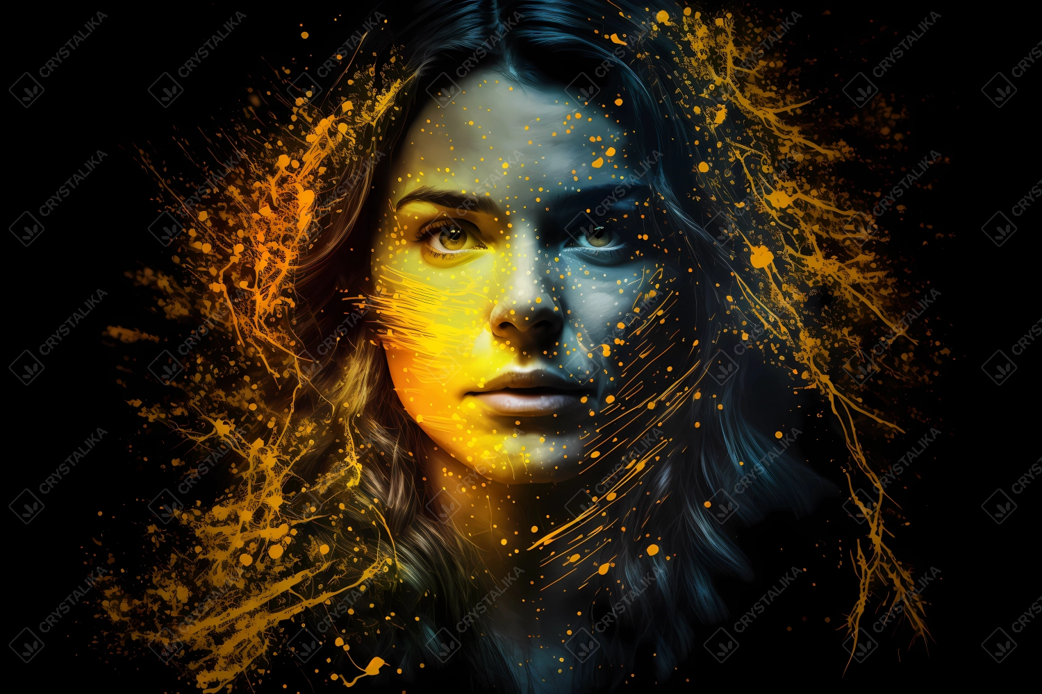 Portrait of a beautiful young woman with aura made of particles of light