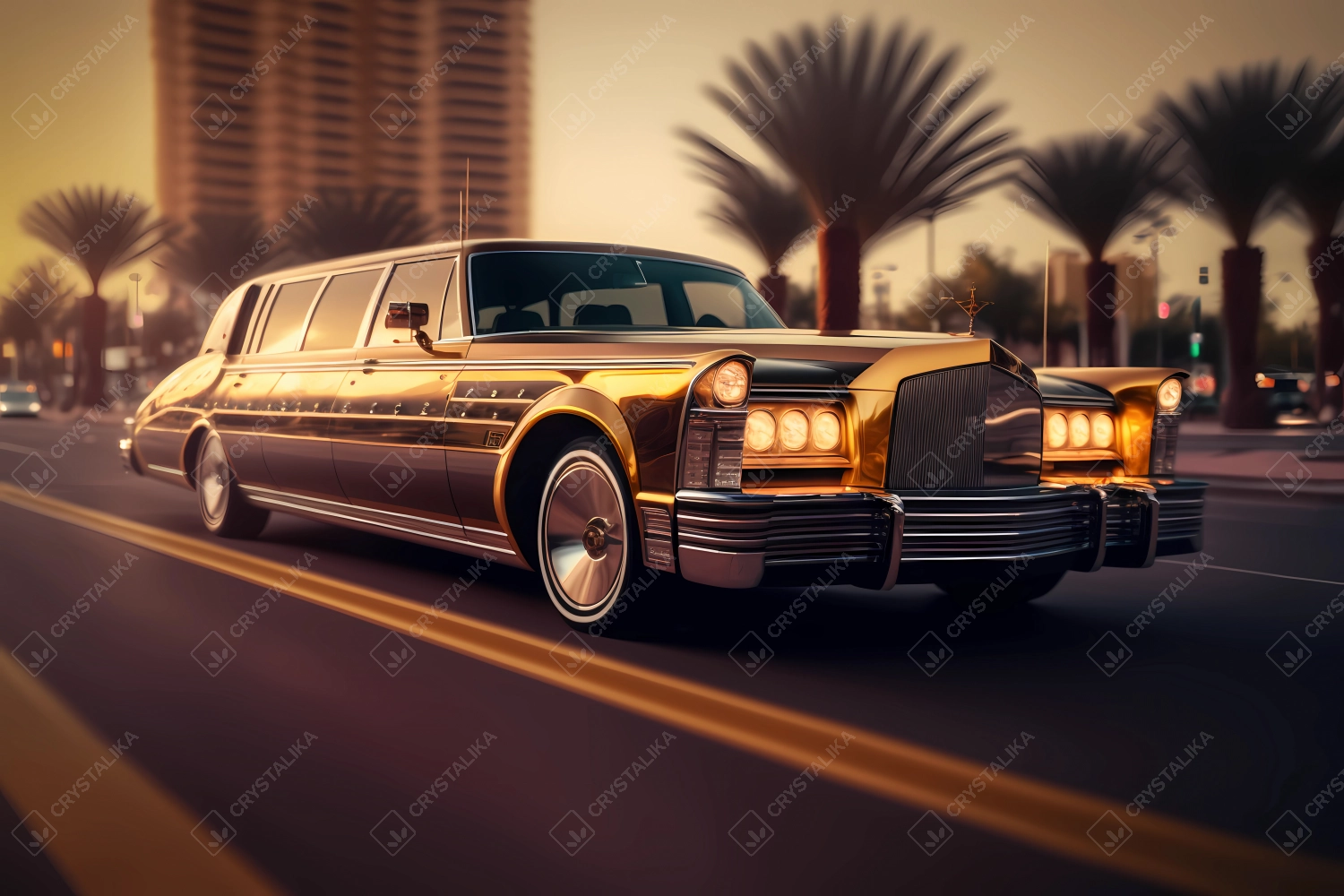 Luxurious golden limousine driving fast via Dubai