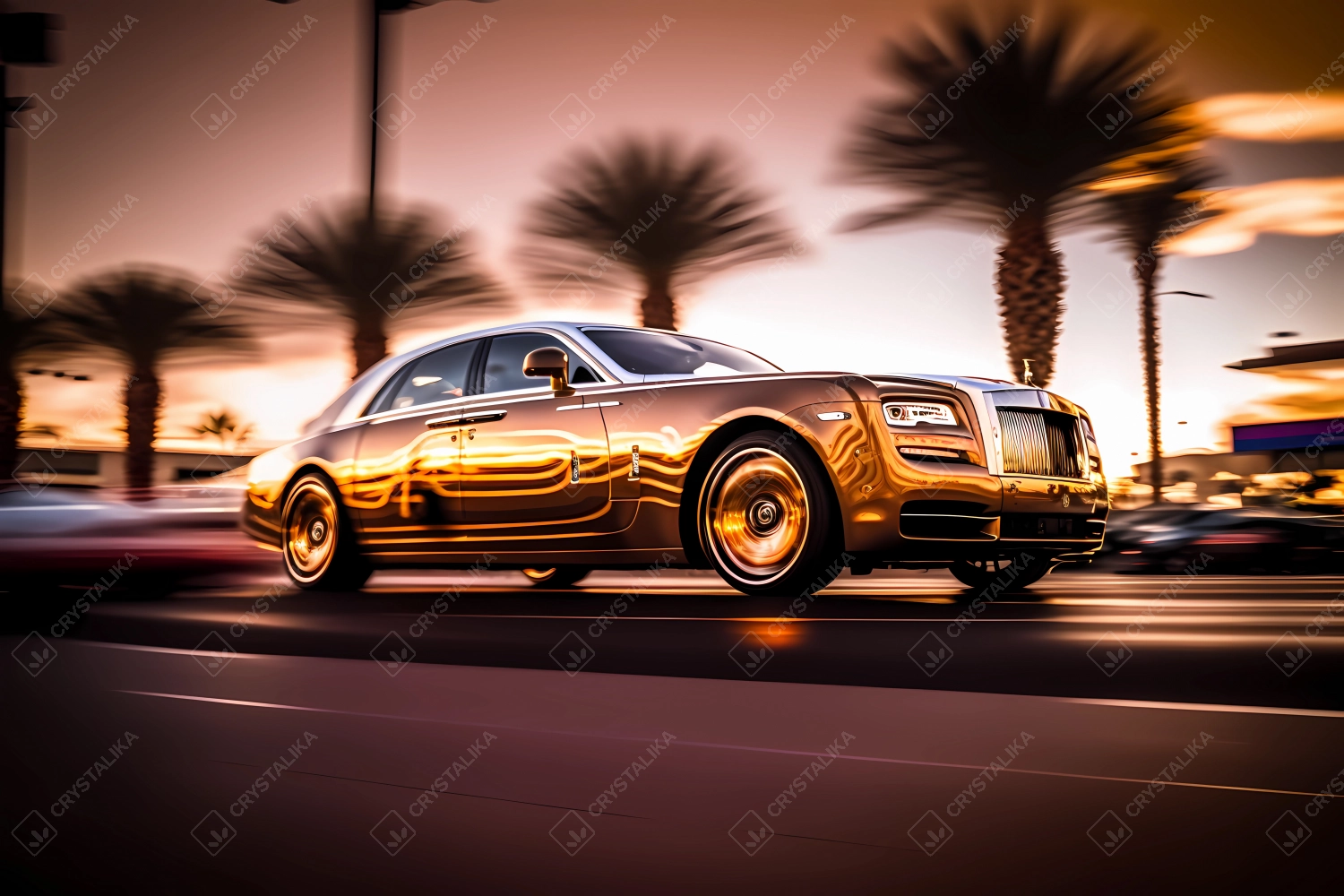 Luxurious golden limousine driving fast via Dubai