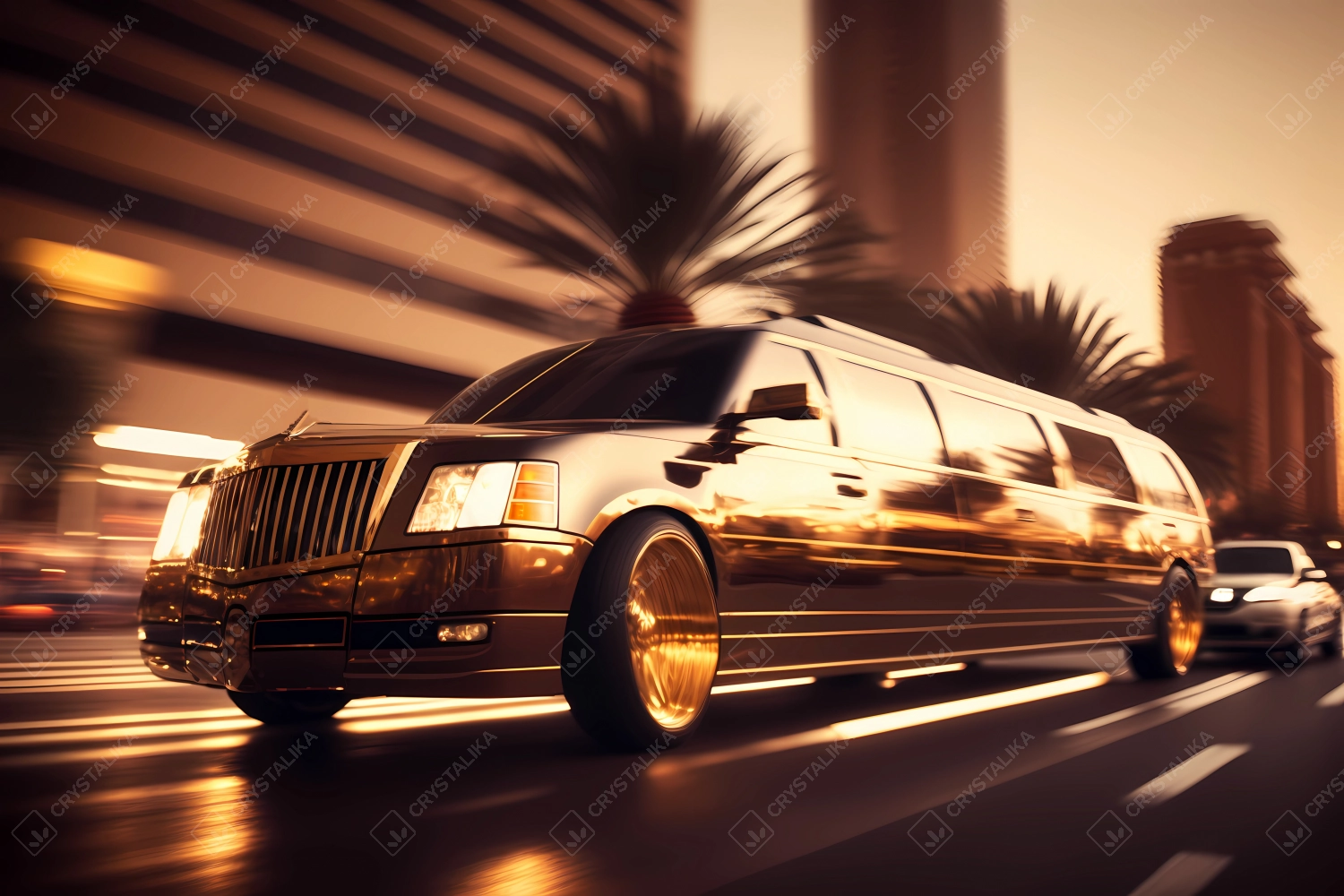 Luxurious golden limousine driving fast via Dubai