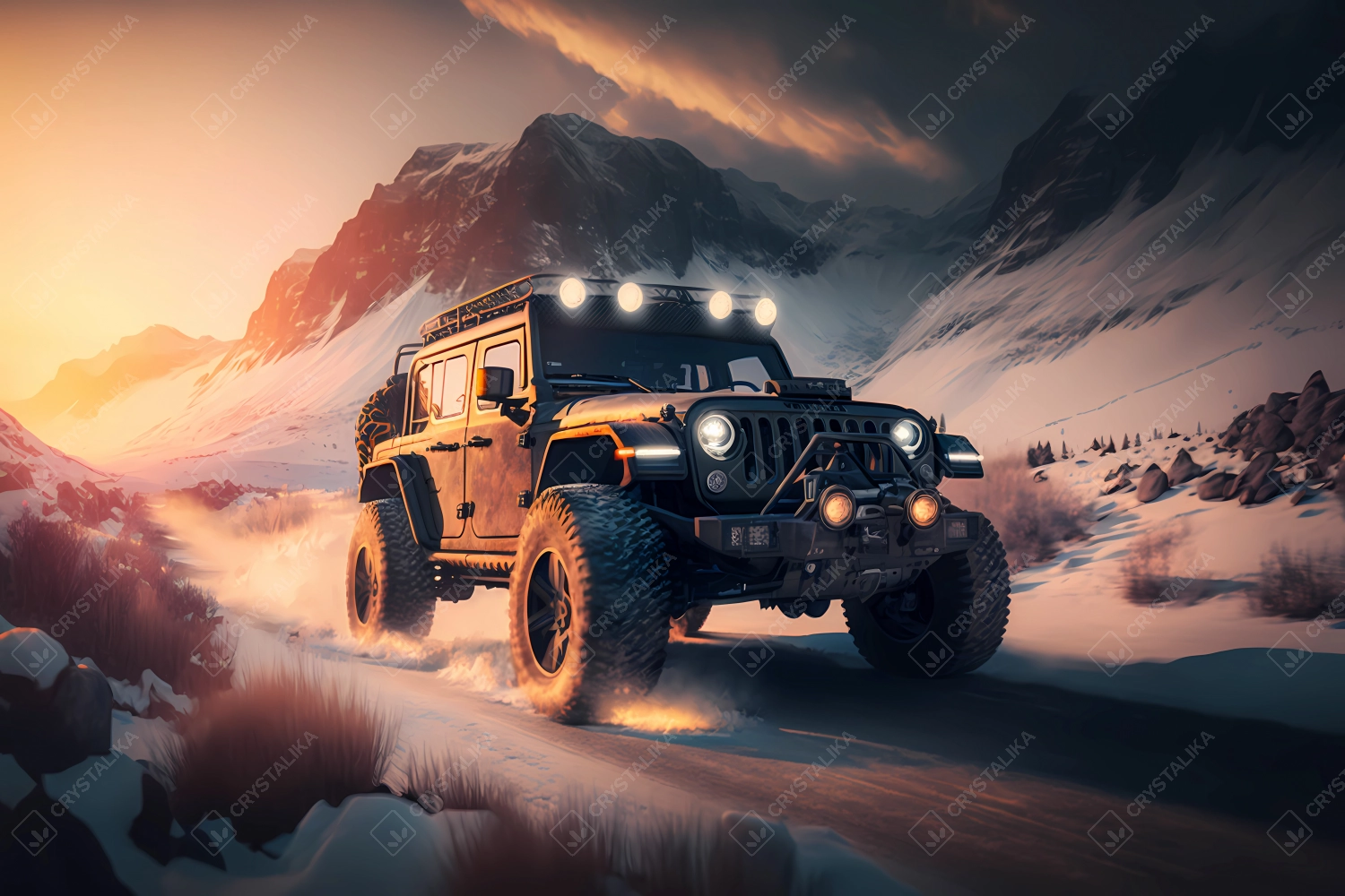 Super fast Jeep driving through the Alpes in winter