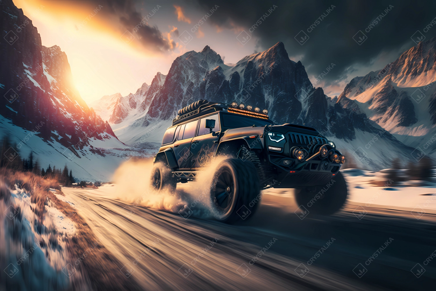 Super fast Jeep driving through the Alpes in winter