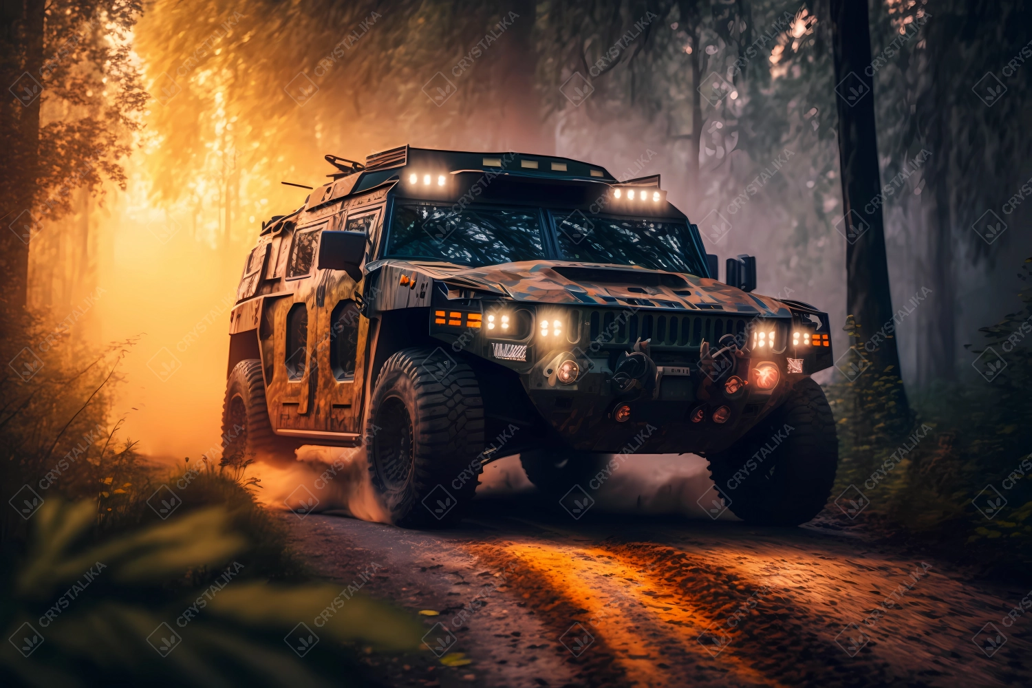 Military humvee driving through night forest