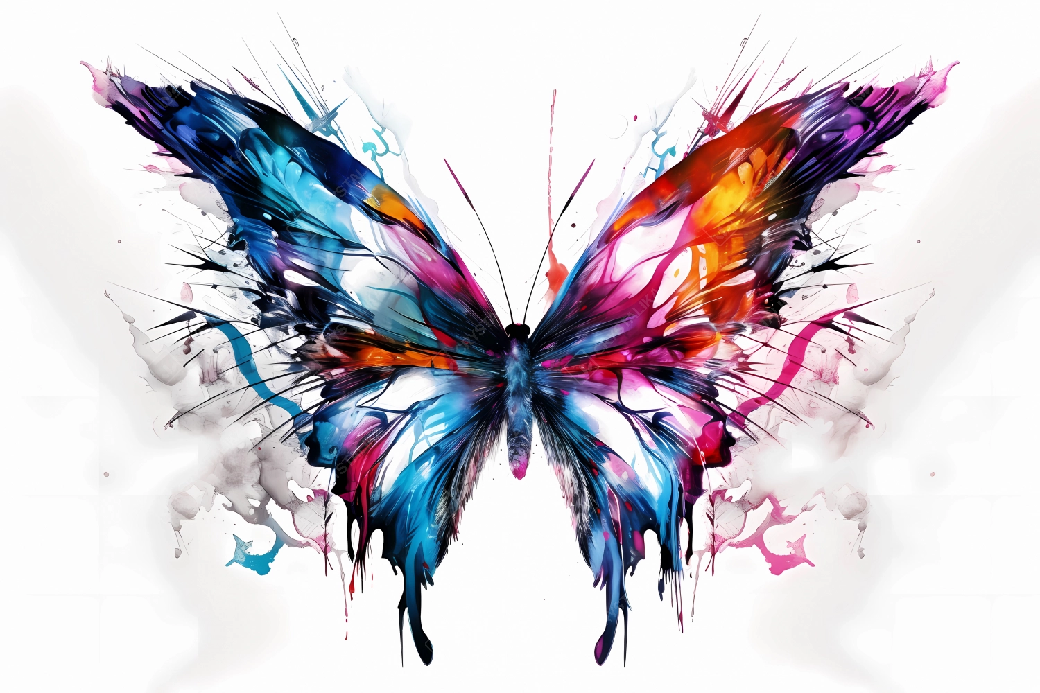 Butterfly painted in neon watercolors on white background