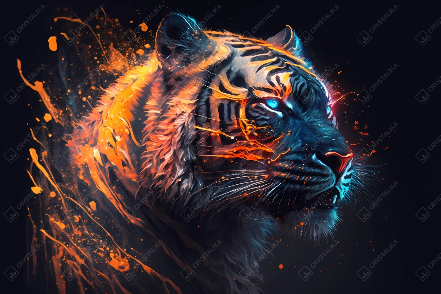 Tiger portrait painted in neon watercolors