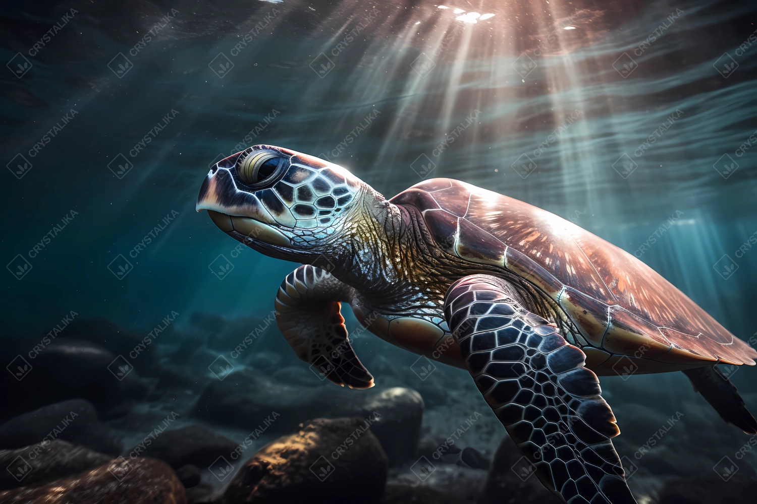 Sea turtle swimming at the bottom of the shallow sea