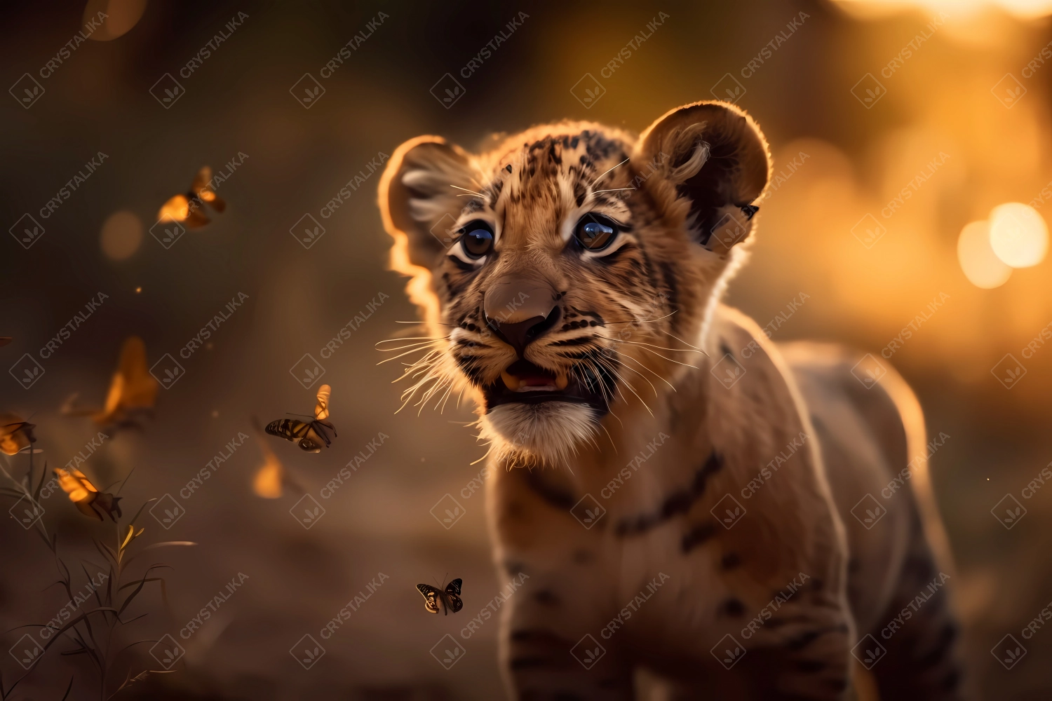 Cute little lion cub chasing a butterfly