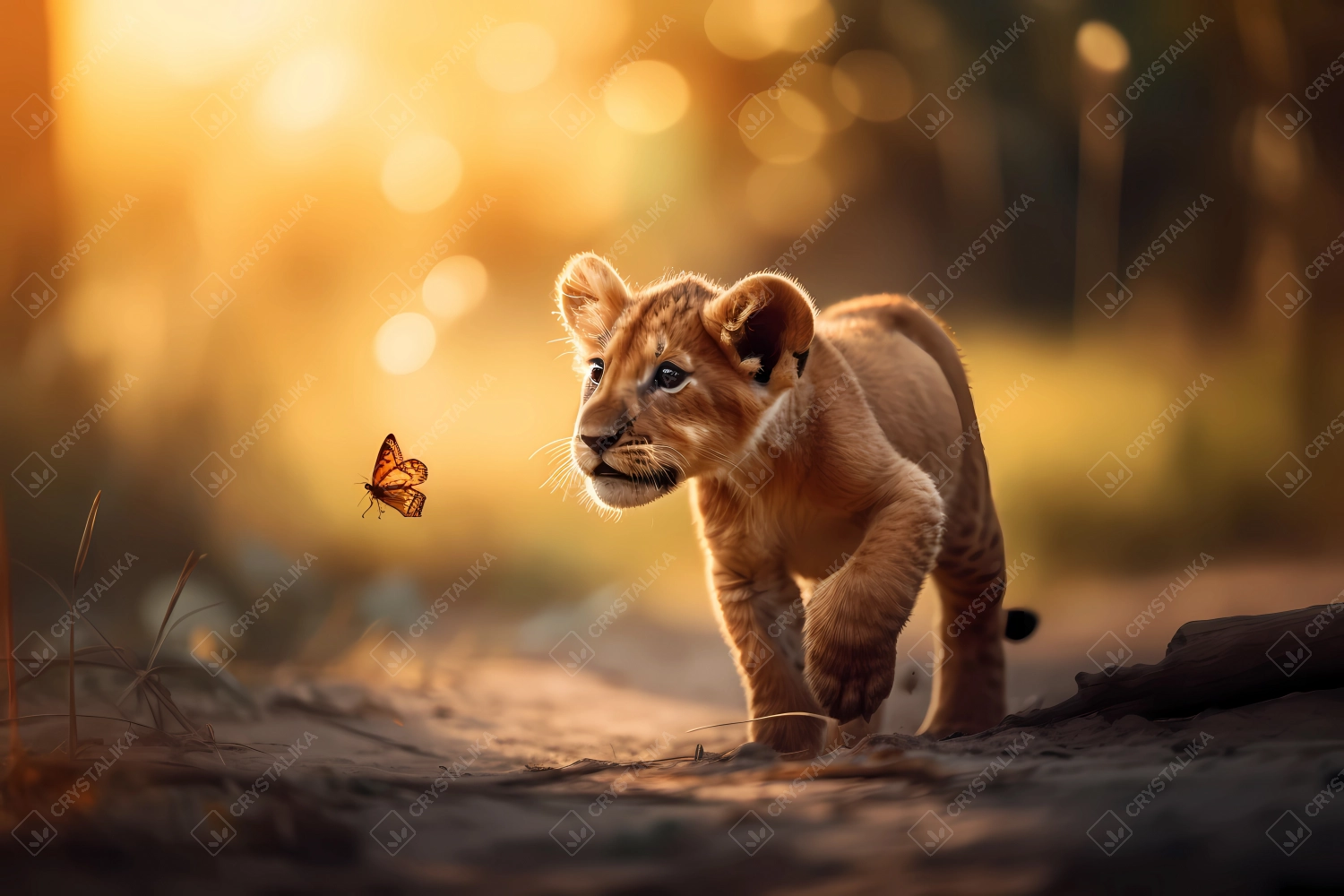 Cute little lion cub chasing a butterfly