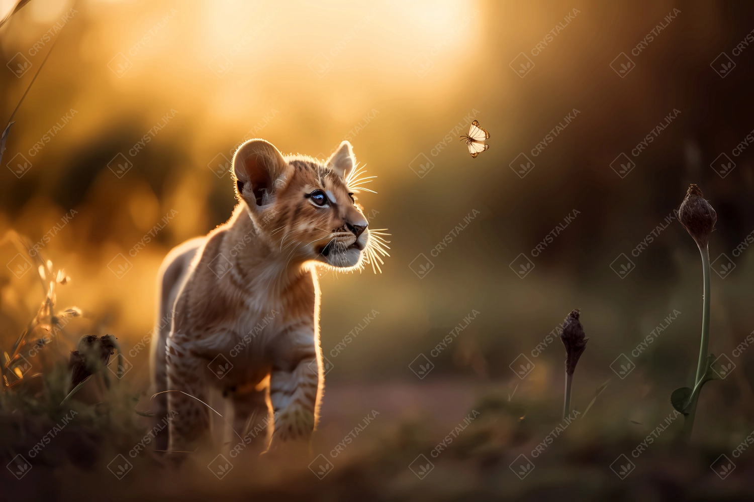 Cute little lion cub chasing a butterfly