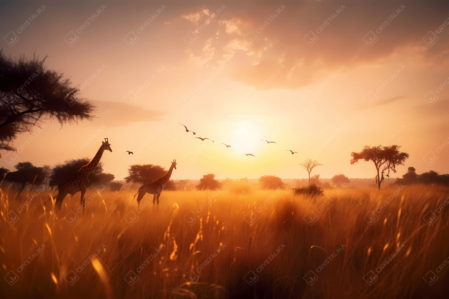 Peaceful landscape of African savannah during sunset