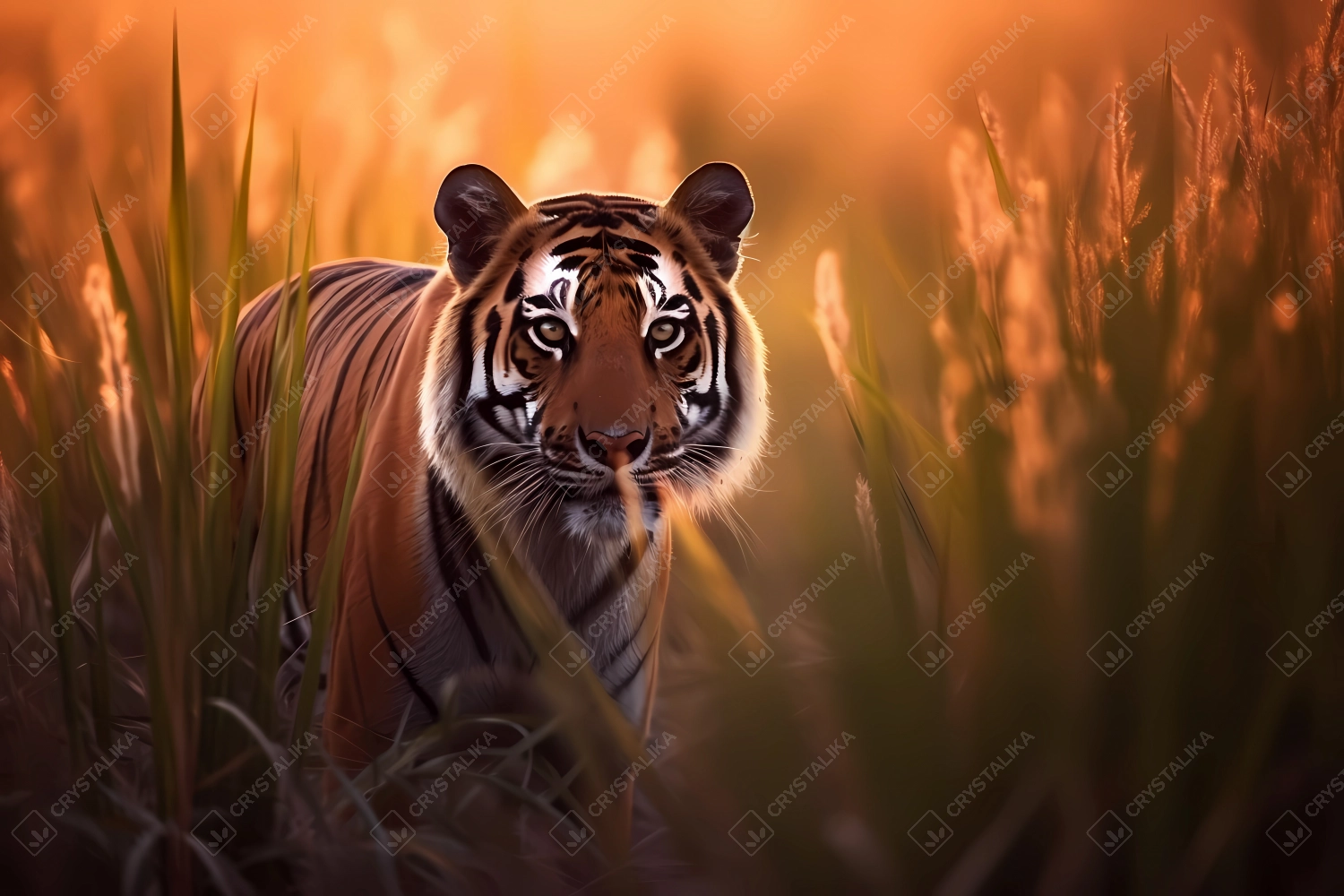 Portrait of a hunting tiger, hiding behind a tall grass