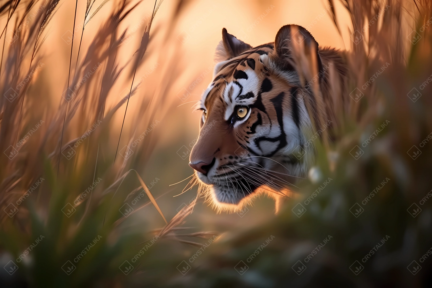 Portrait of a hunting tiger, hiding behind a tall grass