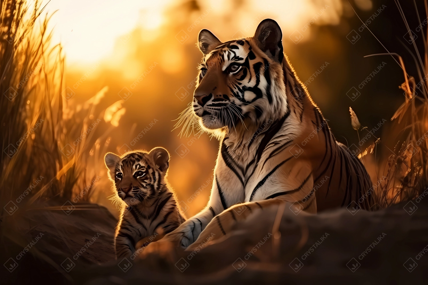 Tiger mother with its cub resting